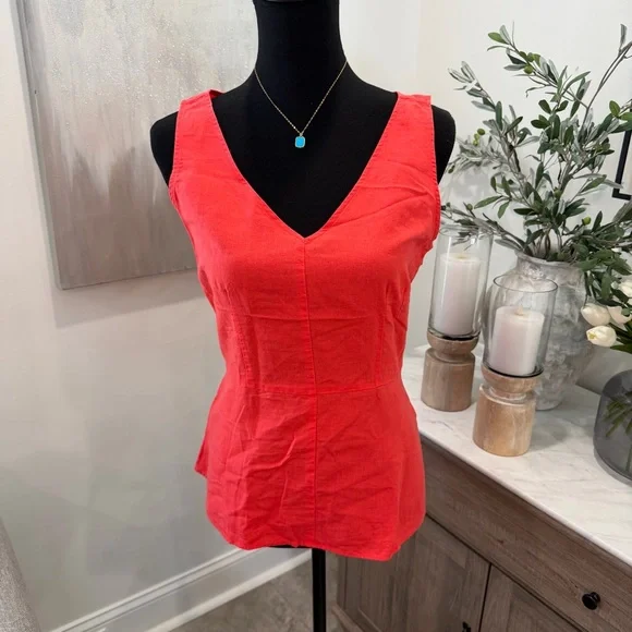 J. Crew Dark Coral V-neck Linen/Cotton Peplum Sleeveless Blouse - Picture 1 of 10